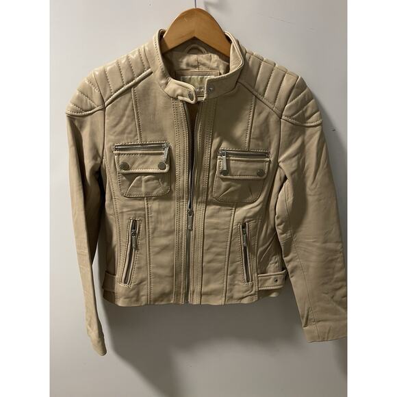 Michael Kors buttery leather zip front cream moto jacket Cafe Racer M - Picture 1 of 5